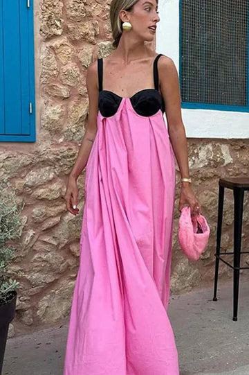 Woochic robe cocktail col en V dos nu à bretelles couture,longue rose2 S